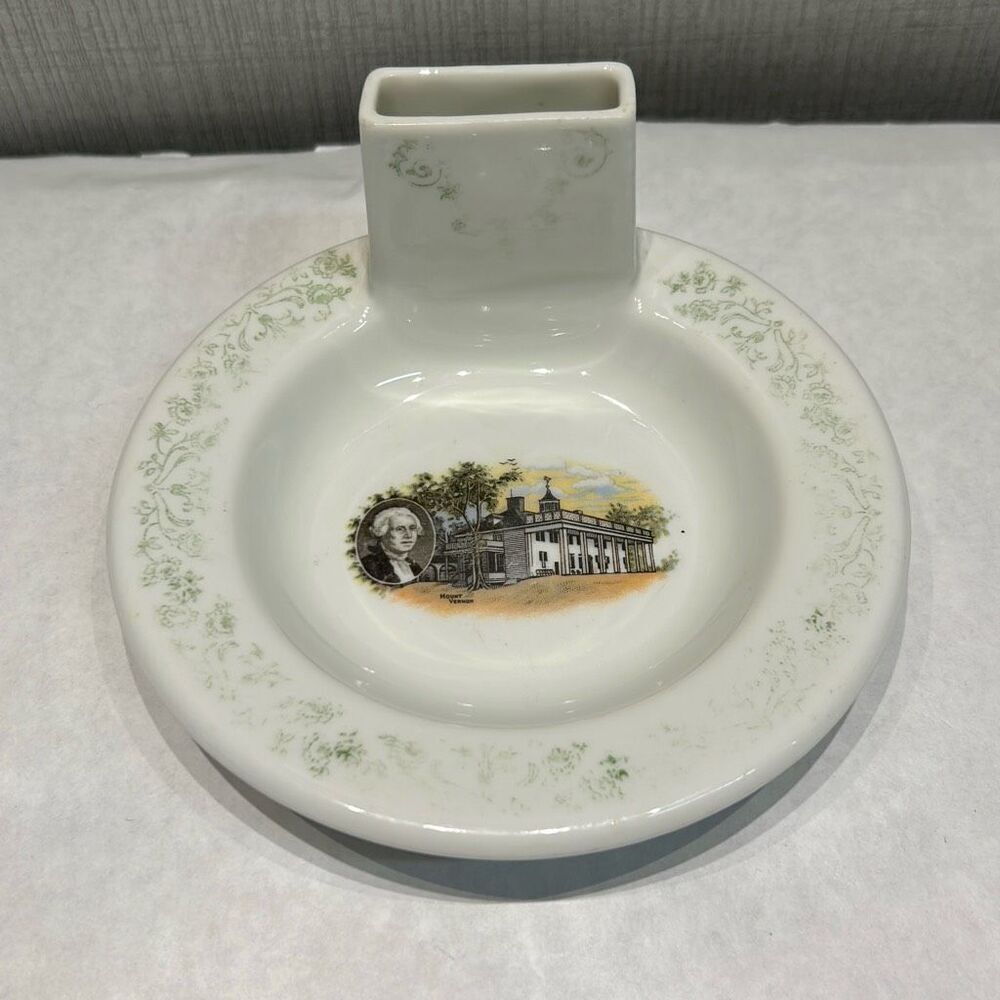 O.P.Co Syracuse China Ashtray with Matchbox Stand Mount Vernon George Washington